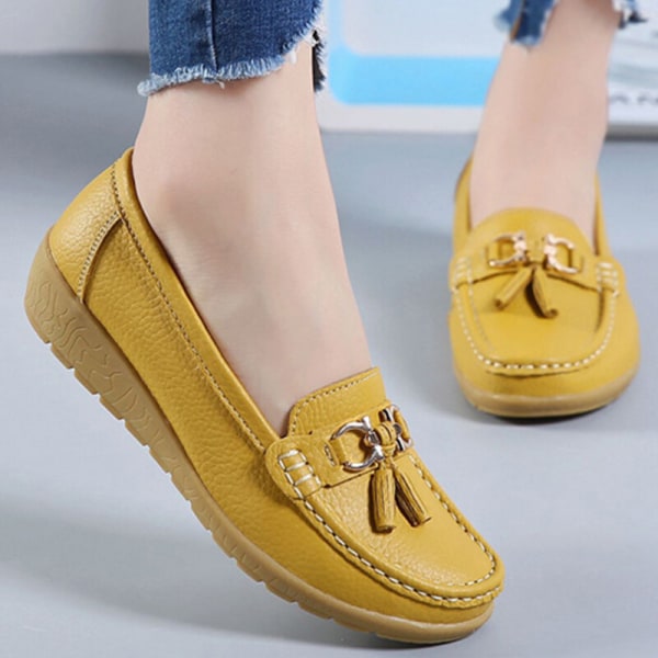 Dame Rund Toe Flats Sko Loafers Mokkasiner Tassel Nurse Yellow 40