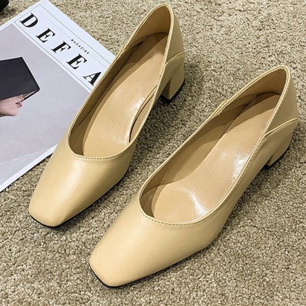 Kvinder Square Head Mid Block Heel Shoe Pumps Slip On Work Office Beige 37