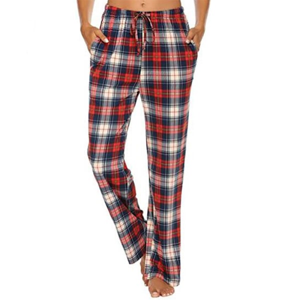 Dame plaid elastiske pyjamasbukser Casual Baggy Loungewear Marinblå S
