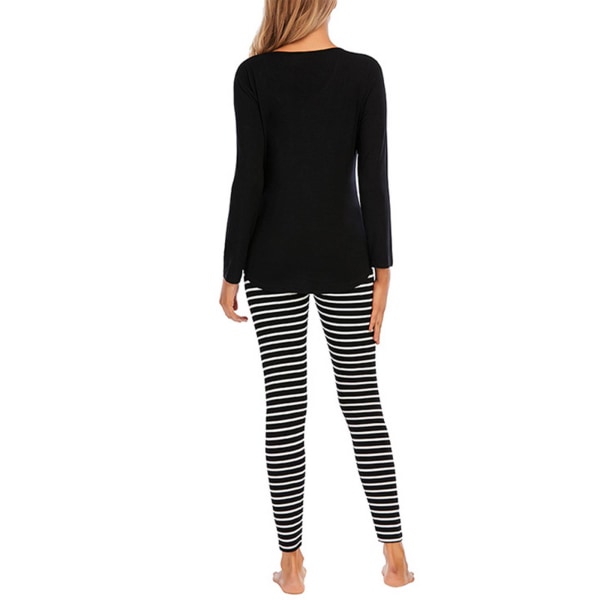 Dameprintede pyjamassæt langærmet top + bukser hjemmetøjsdragt Black,L