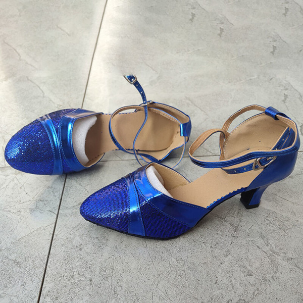 Kvinder balsal sandaler latin sko danser lukket tå midt hæl Blue (Indoor Faux Suede Sole) 34