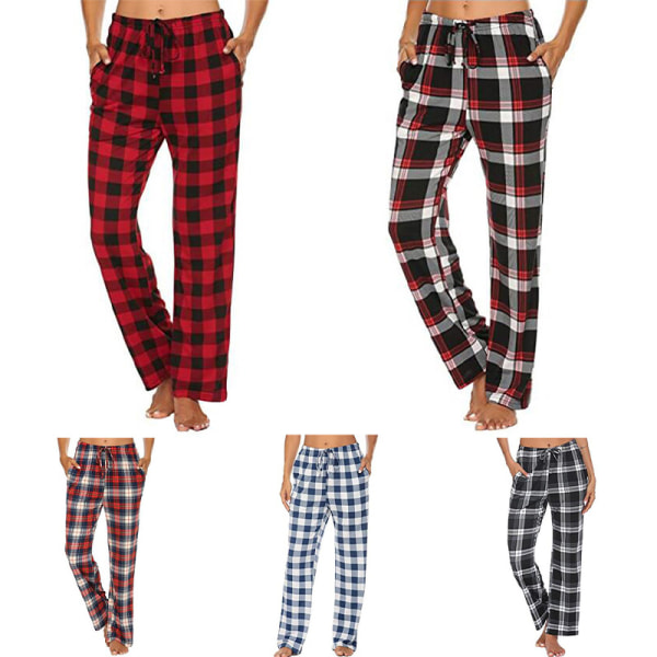 Dame plaid elastiske pyjamasbukser Casual Baggy Loungewear Blå S