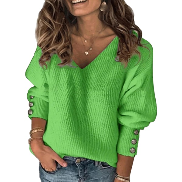 Dame dyb V-hals trøje Baggy sweater toppe knap strikket Green XXL
