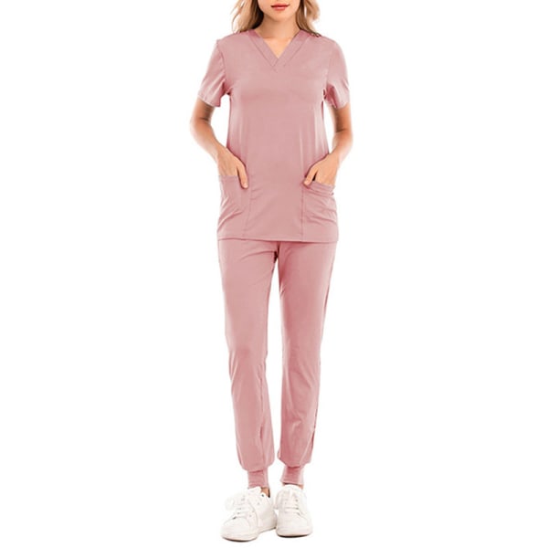 Fashion Ladies Solid Color Scrub Suit Elastic Medical Set Rosa 2XL