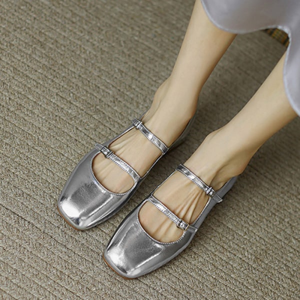 Kvinder Square Head Shoe Comfort Flats Snørebånd Dance Ballets Girl Silver 36