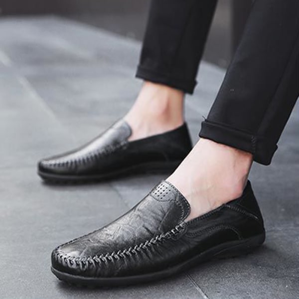 Herre britiske klassiske loafers Slip On imiteret læder business sko Svart 42