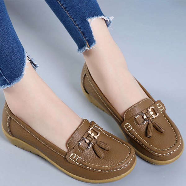 Dame Rund Toe Flats Sko Loafers Mokkasiner Tassel Nurse Khaki 40