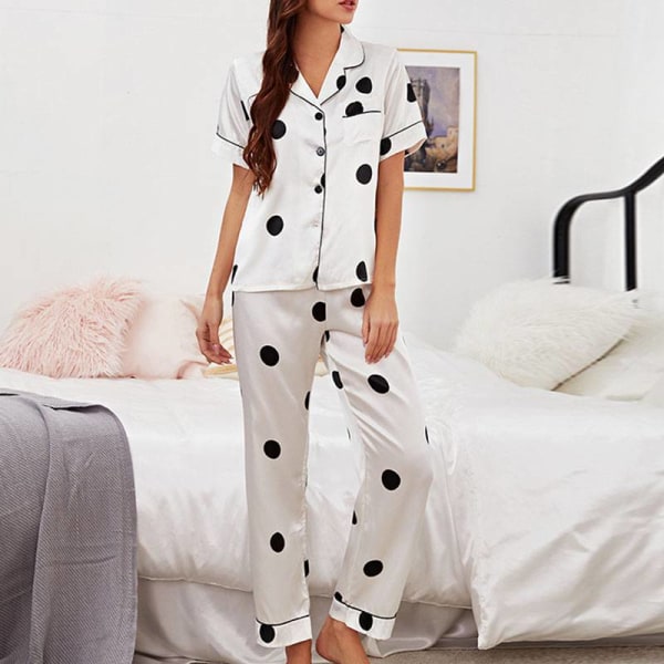 Kvinder 2 stykke pyjamas sæt kortærmede toppe + bukser nattøj White Circle S