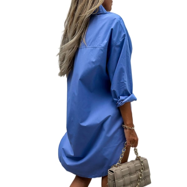 Kvinder langærmet skjorte toppe Button-Down Cardigan Tunika kjole Blue XL