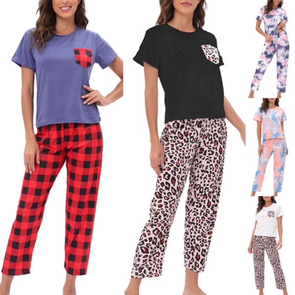 kvinder sommer rund hals print farve blok pyjamas sæt hjemmetøj 2# S