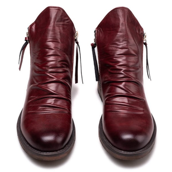 Mens Casual Rund Toe Läder Boot Business Non Slip Dress Boots Vin, röd 40