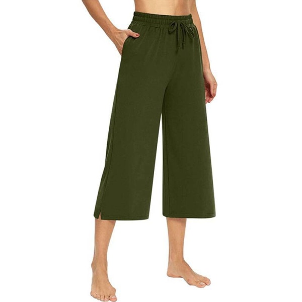 Kvinnor hög midja yogabyxor Casual raka byxor med dragsko Green,XL