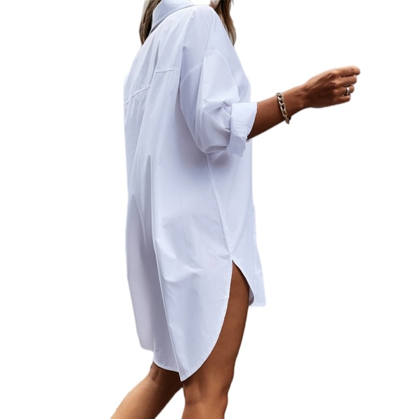 Kvinder langærmet skjorte toppe Button-Down Cardigan Tunika kjole White S