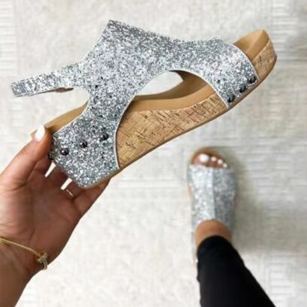 Naisten nilkkahihna casual kenkien alusta Sandaali paksupohjainen paljetti Silver 36