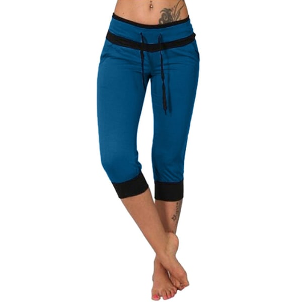Womens Gym Bottoms High waisted Color Block Yoga Capris Sports Navy blue 3XL