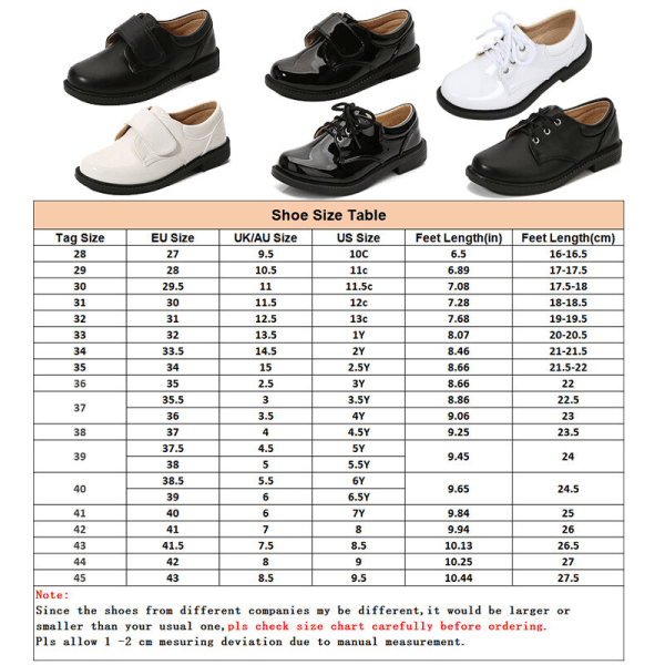 Boy Pu Læder Loafers Pure Color Low Heels Oxford Uniform Flats Ljus svart 33