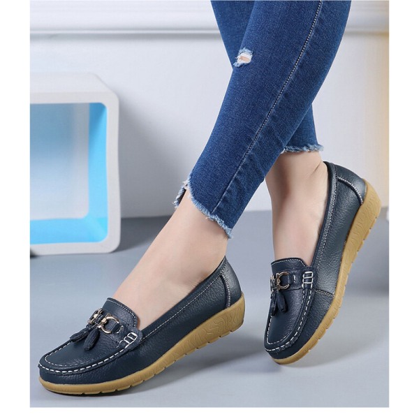 Dame Rund Toe Flats Sko Loafers Mokkasiner Tassel Nurse Navy Blue 41