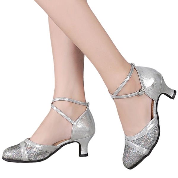 Kvinnor Ballroom Sandaler Latin Skor Dansar Closed Toe Mid Heel Silver (Indoor Faux Suede Sole) 35