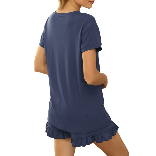 Kvinder Pyjamassæt V-hals Kortærmede T-shirts Shorts Hjemmetøj Blue,M