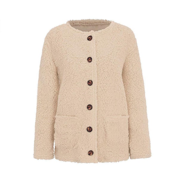 Dame varm fluffy frakke fleece knap jakke vinter outwear Kaki XL