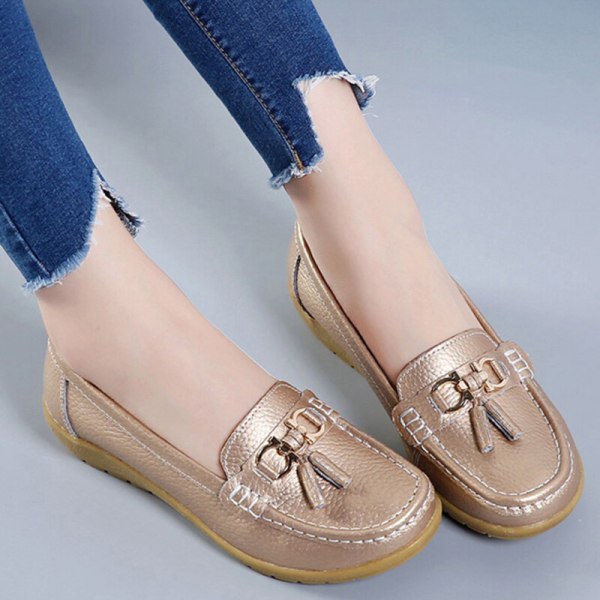 Damer Rund Toe Flats Skor Loafers Mockasiner Tofs sjuksköterska Gold 38