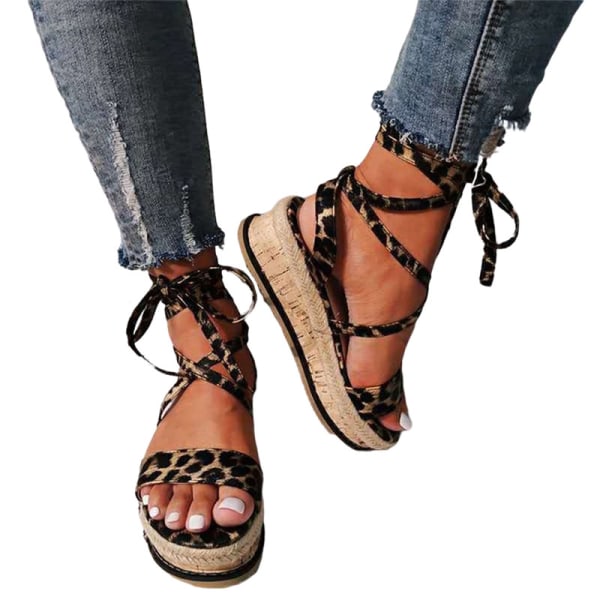 Kvinders platform høje hæle mode afslappet ankel spænde sandaler Leopard Grain,36