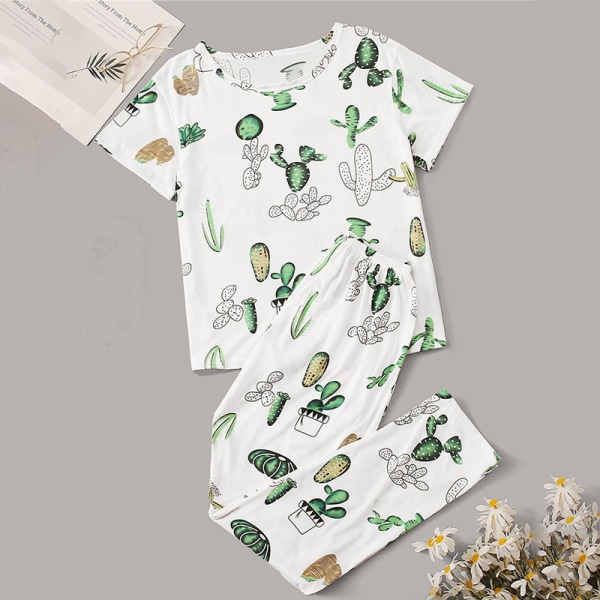 kvinnor sommar pyjamas set rund hals blommiga rutigt loungewear Cactus L