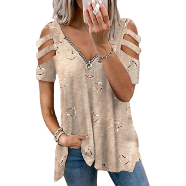 Naisten lyhythihainen T-paita V-kaula-aukolla vetoketjullinen Topit Khaki L