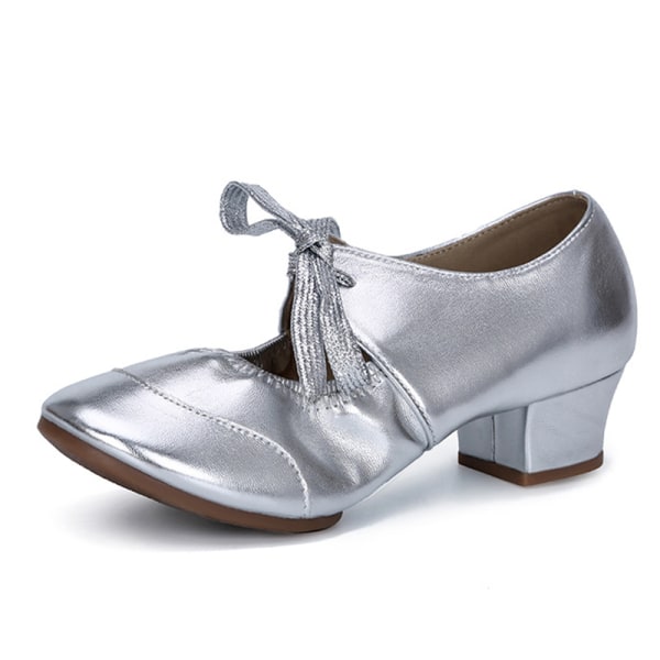Naisten Lace Up Ballroom Salsa Latin Shoes Square Dance Shoe Silver 35