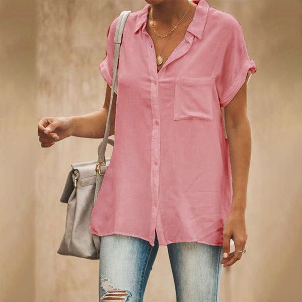 Kvinder kortærmede toppe Button Down skjorter Pink 4XL
