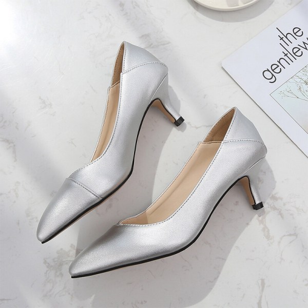 Dame Pumps Dress Shoes Shallow Mid Slender Heel Casual Daily Silver 37
