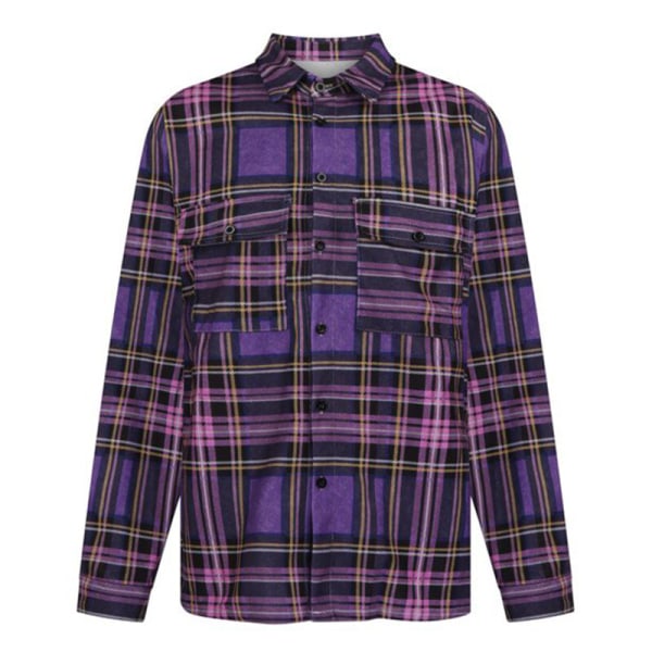 Herre plaid langærmede skjorter Casual Lapel Streetwear frakke Lila 3XL