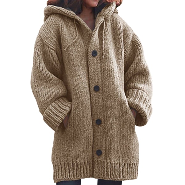 Kvinnor Chunky Knitted Cardigan Warm Sweater Coat Jackor Jumper Khaki S