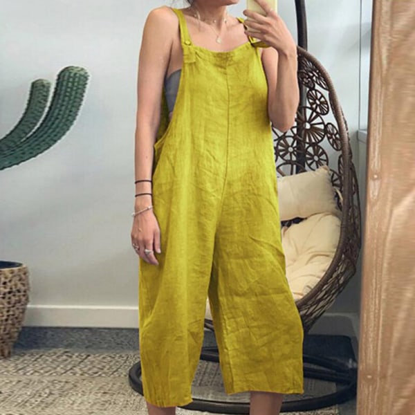 Kvinder Bukser Overalls Casual Wide Wash Loose Fit Sommerferie Yellow S