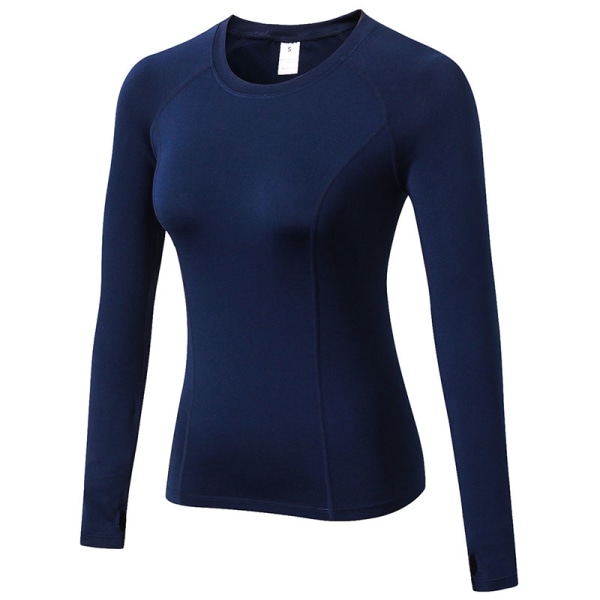 Damer Långärmade Sport T-shirts Kompression Yoga Toppar Fitness Navy Blue,L
