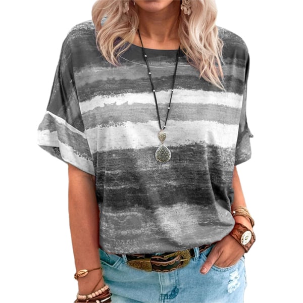 Kvinder Løs T-shirt Dame rund hals sommer strandbluse toppe Grey XL