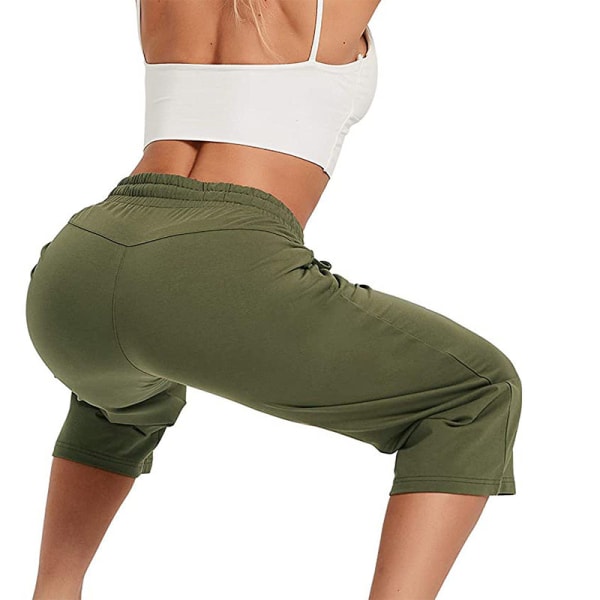 Kvinder Mid Waist Yoga Bukser Løs Sports Elastik Talje Beskåret Green,XL