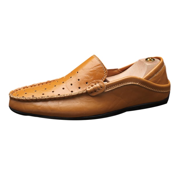 Män Halkfria läderlägenheter Hollow Out Loafers Comfort Slip On Ljusbrun-2 44