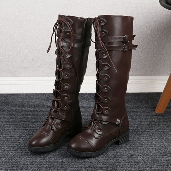 Kvinders Chunky Winter Knee High Shoes Side Zip ridestøvler Mörkbrun 41
