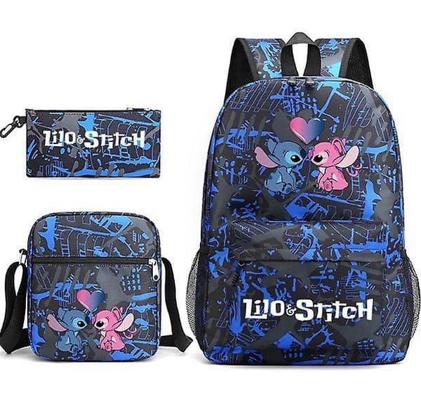 Lilo & Stitch Backpack Three-piece Set School Bag love-dark blue