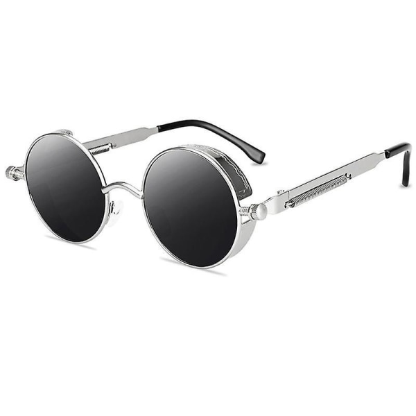 Vintage Polarized Steampunk Sunglasses Mens Round Sun Glasses Stylish Silver Frame Grey Lenses