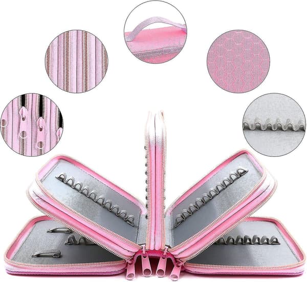 72 Slots 4-layer Zipper Pencil Case With Handle Strap, Oxford Fabric pink