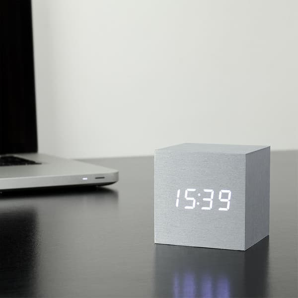 Gingko Cube LED Click Clock Alarm Clock With Sound Activation (Time, Date & Temperature) Various Colours Aluminium White
