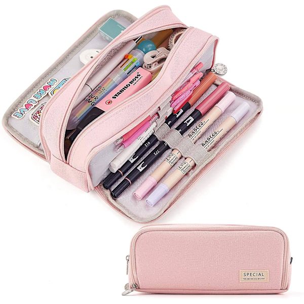 Large Pencil Case Big Capacity 3 Compartments Canvas Pencil Pouch For Students pink