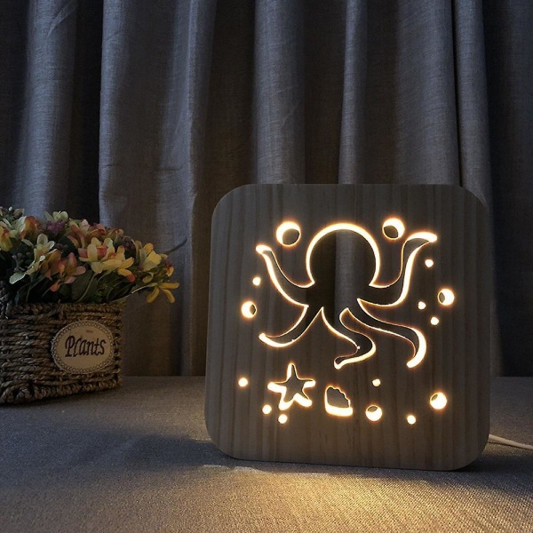 Octopus Night Light For Kids  Wooden 3d Lamp Creative Wooden Lights Simple Decorative Lights 3d Wood Carving Pattern Led Night Light For Desk