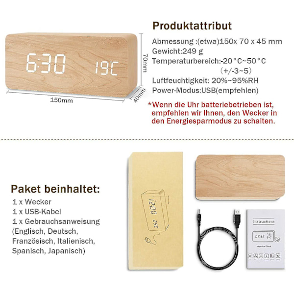 Wooden Alarm Clock Modern Led Table Clock Digital Alarm Clock Voice Touch Displatime/date/temperature For Home Bedroom Office Brown Orange