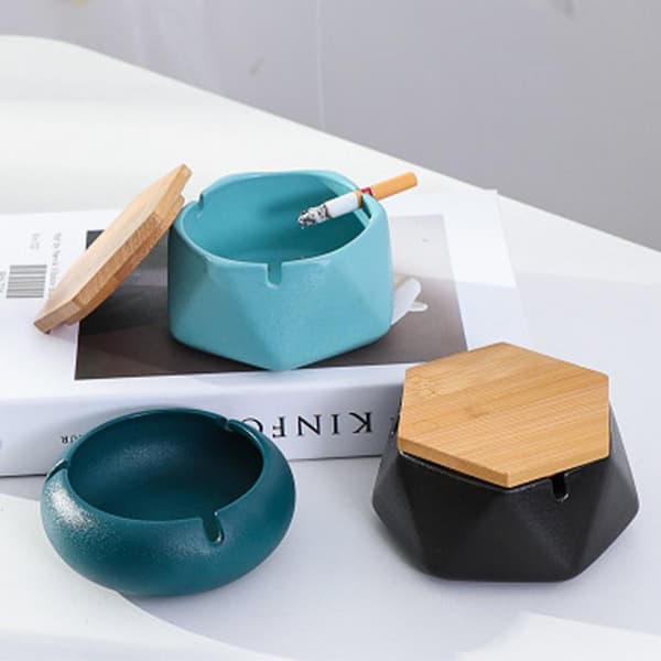 Ceramic Ashtray With Lid,windproof Design And Geometric Shape Ashtray Black