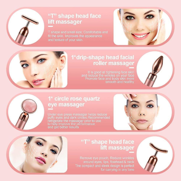 4 In 1 Vibrating Rose Quartz Roller Face Roller Eye Massager Jade Roller T/v Shaped Face Lifting Slimming Beauty Bar Massager Black