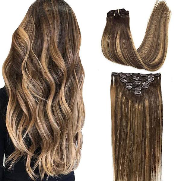 Clip In Hårextensions Remy Sjokoladebrun Til Karamellblond Balayage 7 Deler 120g 35 cm 20 inch