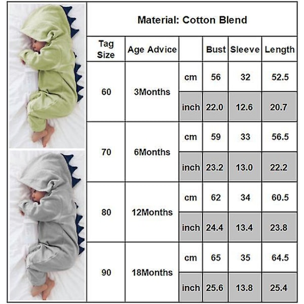 Nyfødt Spædbarn Baby Dinosaur Hætte Romper Blød Jumpsuit Infant Pyjamas Nattøj Pjs Green 6 Months